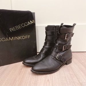 Rebecca Minkoff Malla Too calfskin moto boot, 3 buckle straps w/ original box
